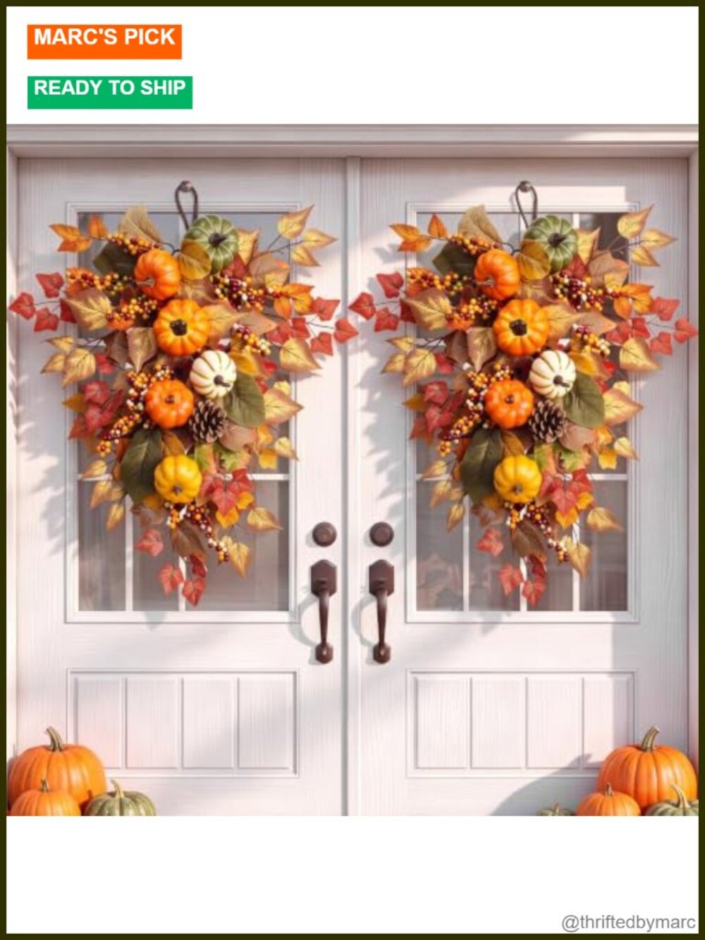 2 Pc Fall Swag Set 20" Pumpkin Maple Leaves Pine Cones Plastic Door Decor